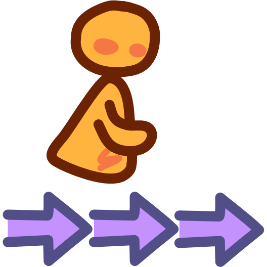 A yellow figure tilted to suggest motion, sits above a row of 3 purple arrows. The image has dark line art.